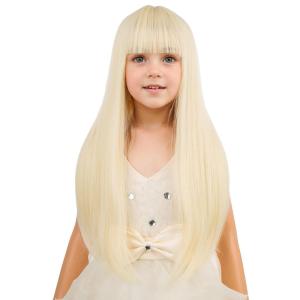 Kids Long Straight Blonde Wig with Bang Child Girls Blonde Long Wigs Synthetic Cosplay Party Synthetic Rose Net Wig(Blonde)