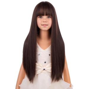 Kids Long Straight Blonde Wig with Bang Child Girls Blonde Long Wigs Synthetic Cosplay Party Synthetic Rose Net Wig(Brown)