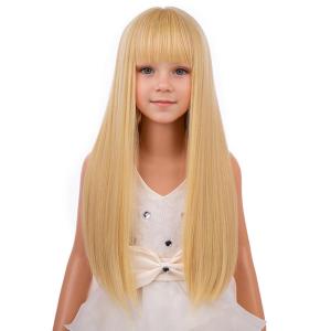 Kids Long Straight Blonde Wig with Bang Child Girls Blonde Long Wigs Synthetic Cosplay Party Synthetic Rose Net Wig(Mixed Blonde)