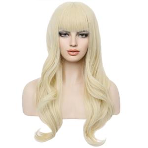Long Strawberry Blonde Wig with Bangs Blonde Wavy Curly Wig for Women Synthetic Hair Heat Resistant Wigs(Light Blonde)