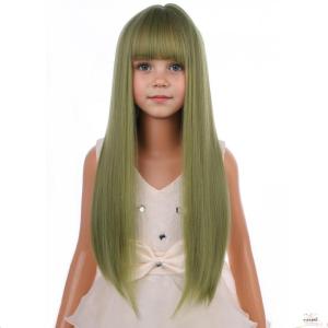 Matcha Green Wig for Girls Kids Green Wig with Bangs Child Long Straight Green Synthetic Wig with Wig Cap