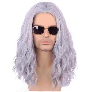 Mens Light Blonde Wig Long Wavy Blonde Wig for Men Male Shoulder Length Hair Synthetic Wigs(Gray)