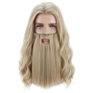 Mens Wigs and Beard Long Gray Wig for Men Long Gray Cosplay Halloween Costume Synthetic Wigs with Wig Cap(Ash Blonde)