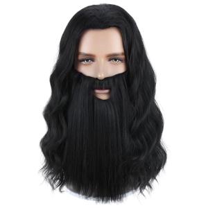 Mens Wigs and Beard Long Gray Wig for Men Long Gray Cosplay Halloween Costume Synthetic Wigs with Wig Cap(Black)