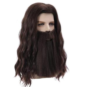 Mens Wigs and Beard Long Gray Wig for Men Long Gray Cosplay Halloween Costume Synthetic Wigs with Wig Cap(Dark Brown)