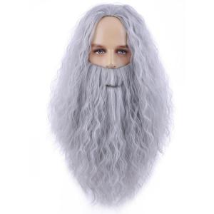 Mens Wigs and Beard Long Gray Wig for Men Long Gray Cosplay Halloween Costume Synthetic Wigs with Wig Cap(Gray)