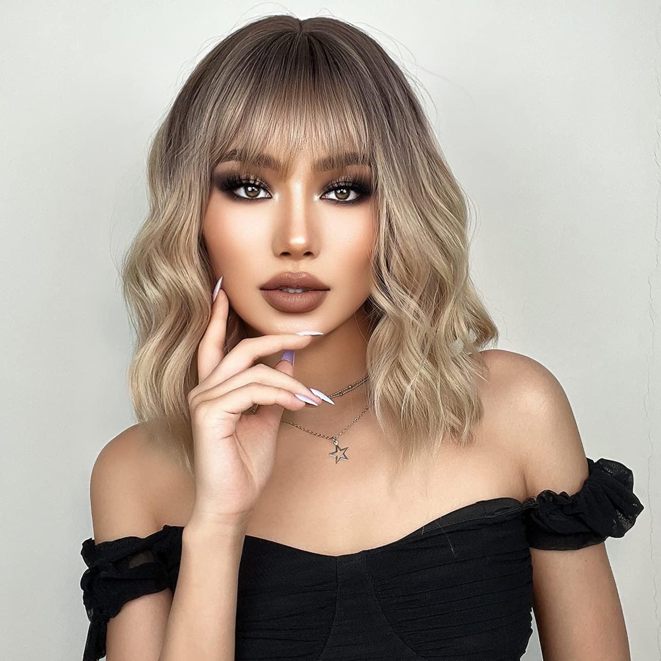 imageRainbow Wig Short Wavy Colorful Pastel Wig with Bangs Multicolor Wigs for Women Girls Heat Resistant Synthetic Cosplay Costume Wigs RainbowOmbre Blonde