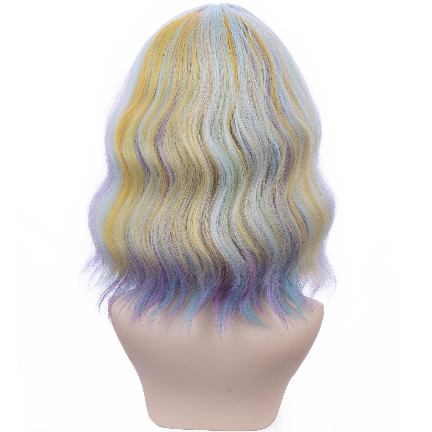 imageRainbow Wig Short Wavy Colorful Pastel Wig with Bangs Multicolor Wigs for Women Girls Heat Resistant Synthetic Cosplay Costume Wigs RainbowRainbow
