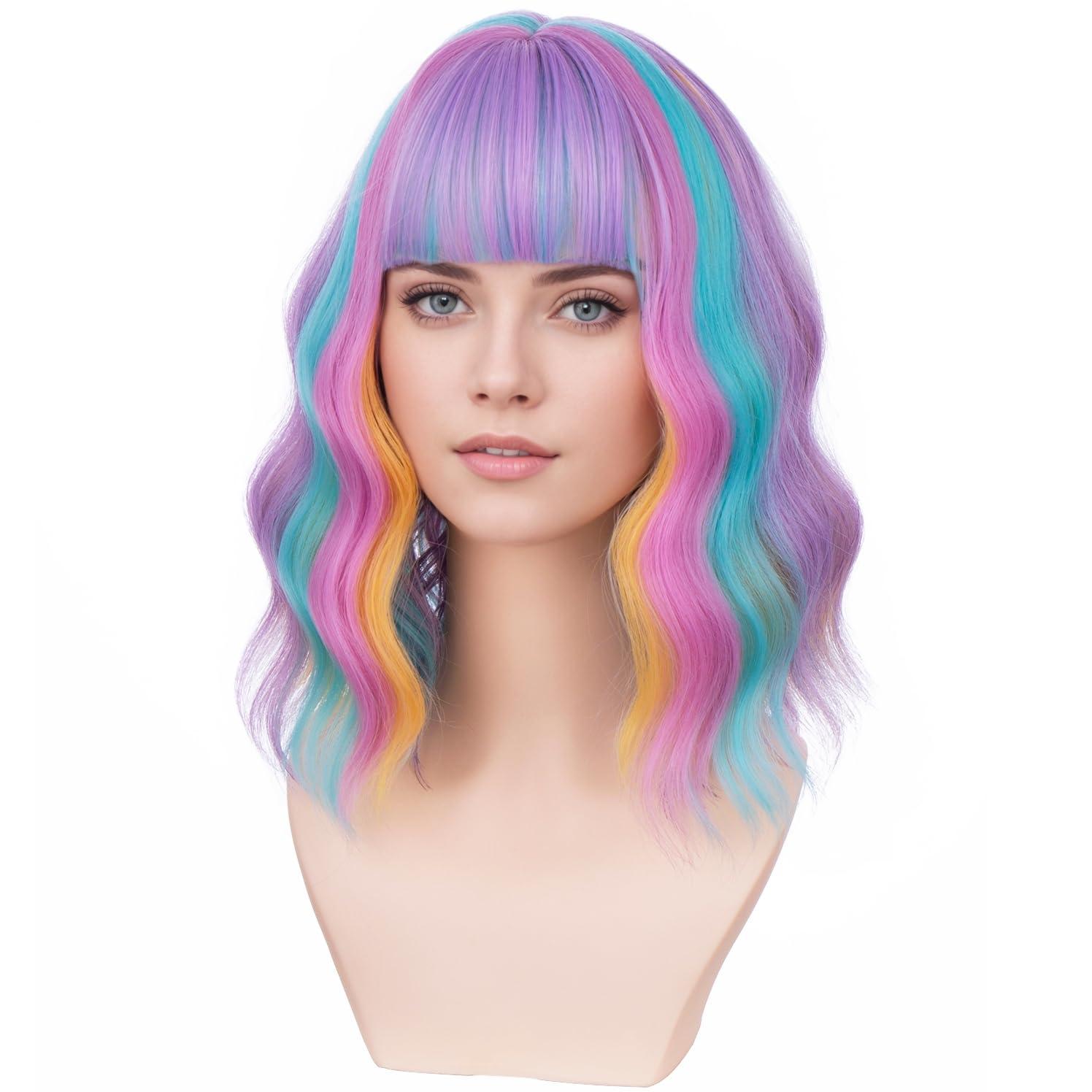 imageRainbow Wig Short Wavy Colorful Pastel Wig with Bangs Multicolor Wigs for Women Girls Heat Resistant Synthetic Cosplay Costume Wigs RainbowRainbow