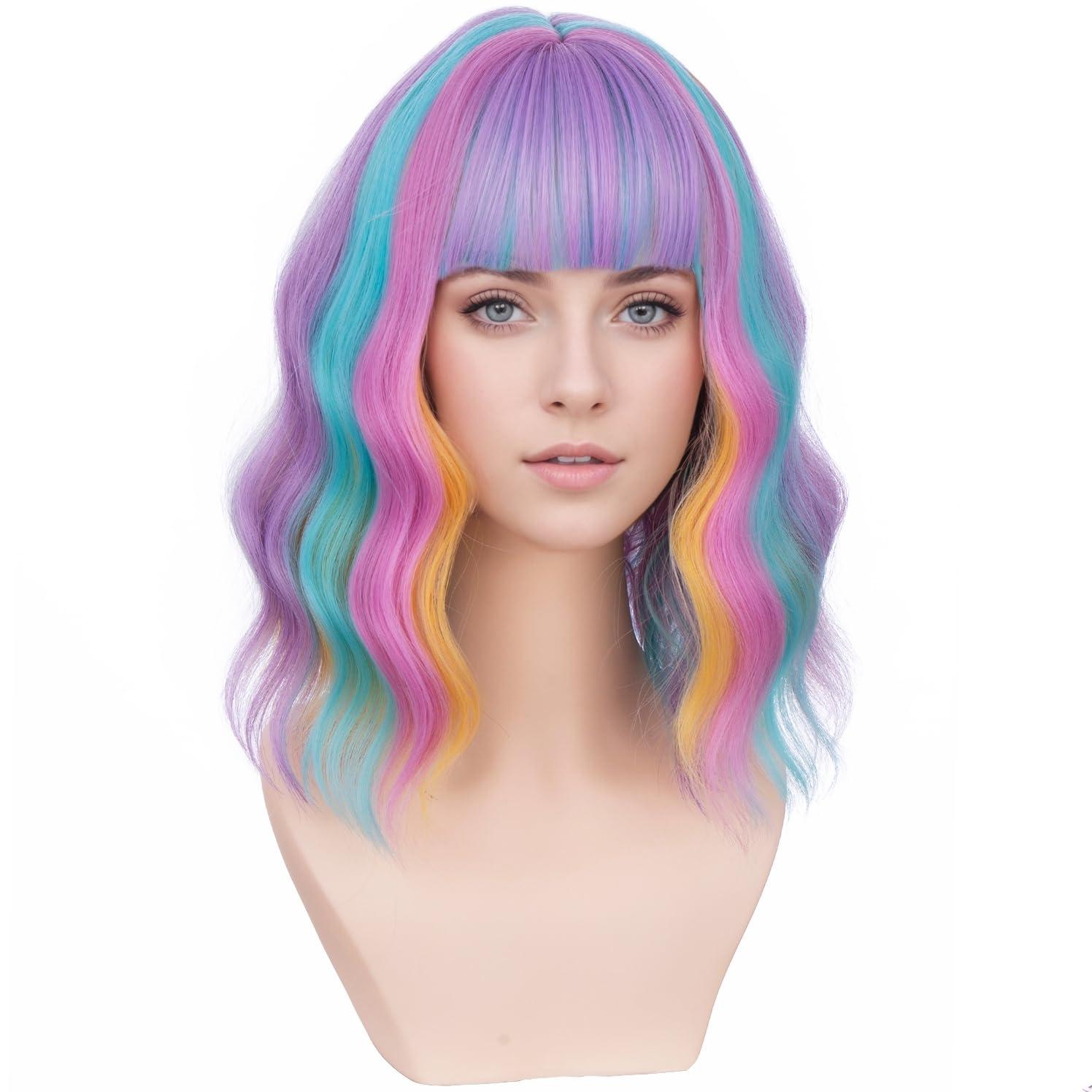 imageRainbow Wig Short Wavy Colorful Pastel Wig with Bangs Multicolor Wigs for Women Girls Heat Resistant Synthetic Cosplay Costume Wigs RainbowRainbow