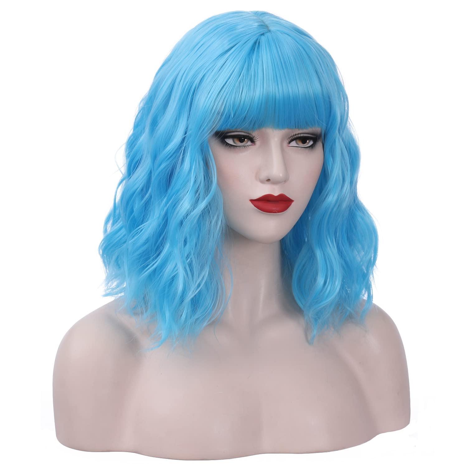 imageRainbow Wig Short Wavy Colorful Pastel Wig with Bangs Multicolor Wigs for Women Girls Heat Resistant Synthetic Cosplay Costume Wigs RainbowSky Blue