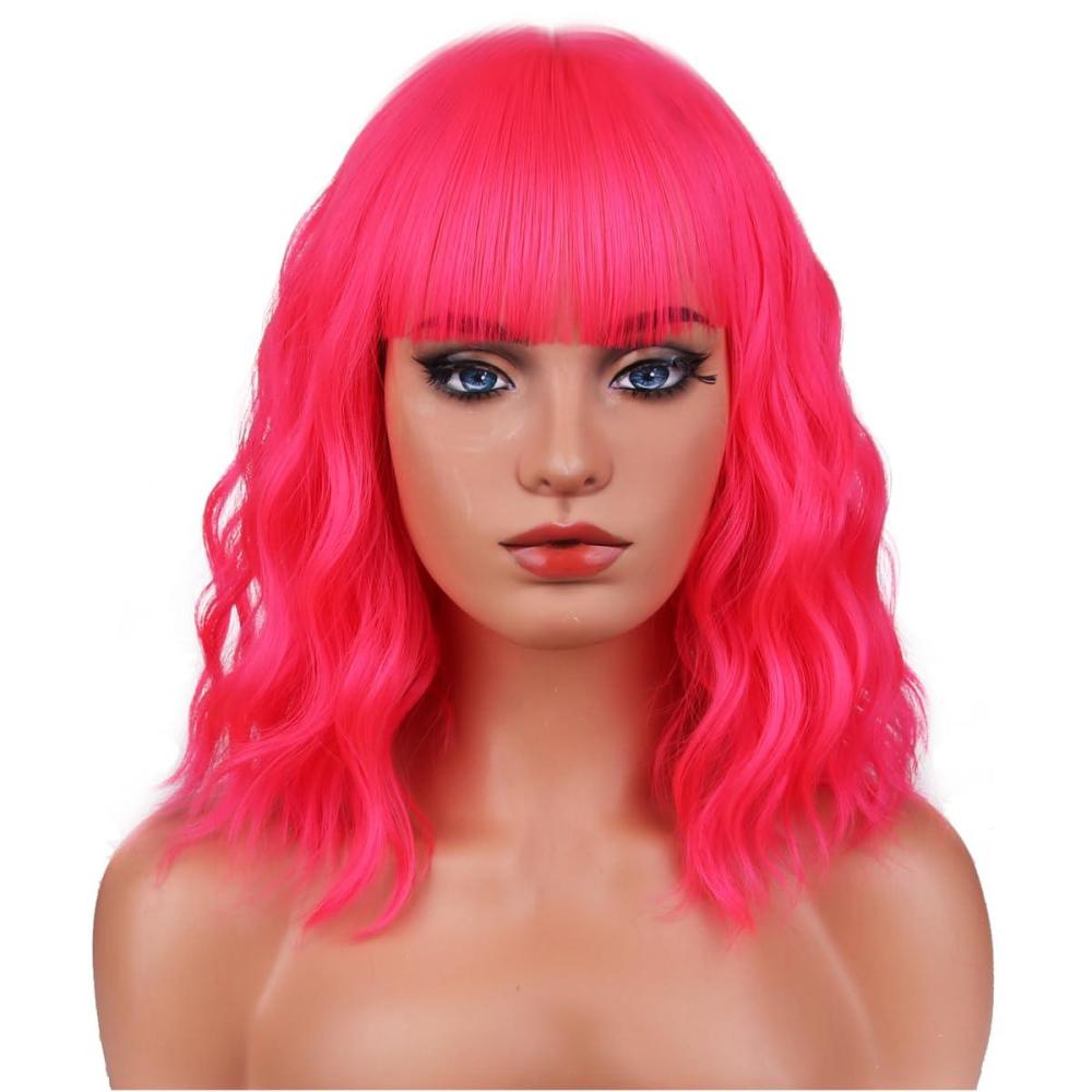 imageRainbow Wig Short Wavy Colorful Pastel Wig with Bangs Multicolor Wigs for Women Girls Heat Resistant Synthetic Cosplay Costume Wigs RainbowNeon Pink