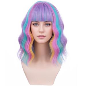 Rainbow Wig Short Wavy Colorful Pastel Wig with Bangs Multicolor Wigs for Women Girls Heat Resistant Synthetic Cosplay Costume Wigs (Rainbow)(Rainbow)