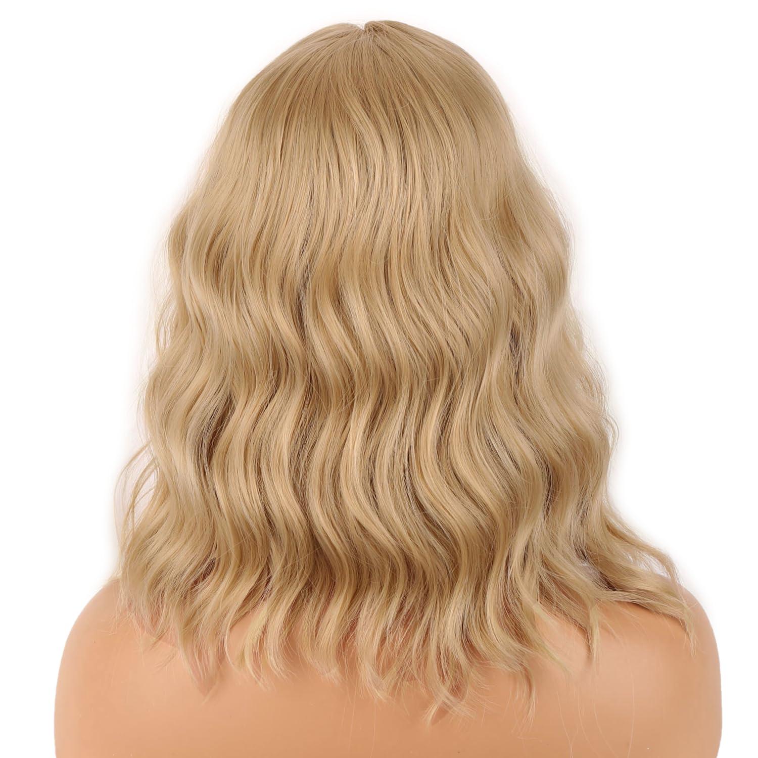 imageShort Ombre Blonde Wig for Women Short Curly Wavy Ombre Brown to Platinum Blonde Wigs with Bangs Ombre Blonde Bob Wig Heat Resistant Synthetic Wig with Wig CapFlaxen Blonde