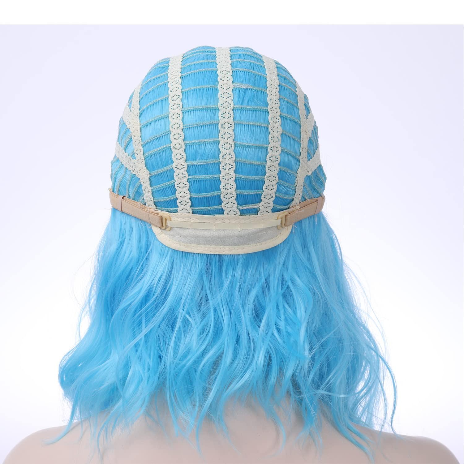 imageShort Ombre Blonde Wig for Women Short Curly Wavy Ombre Brown to Platinum Blonde Wigs with Bangs Ombre Blonde Bob Wig Heat Resistant Synthetic Wig with Wig CapSky Blue