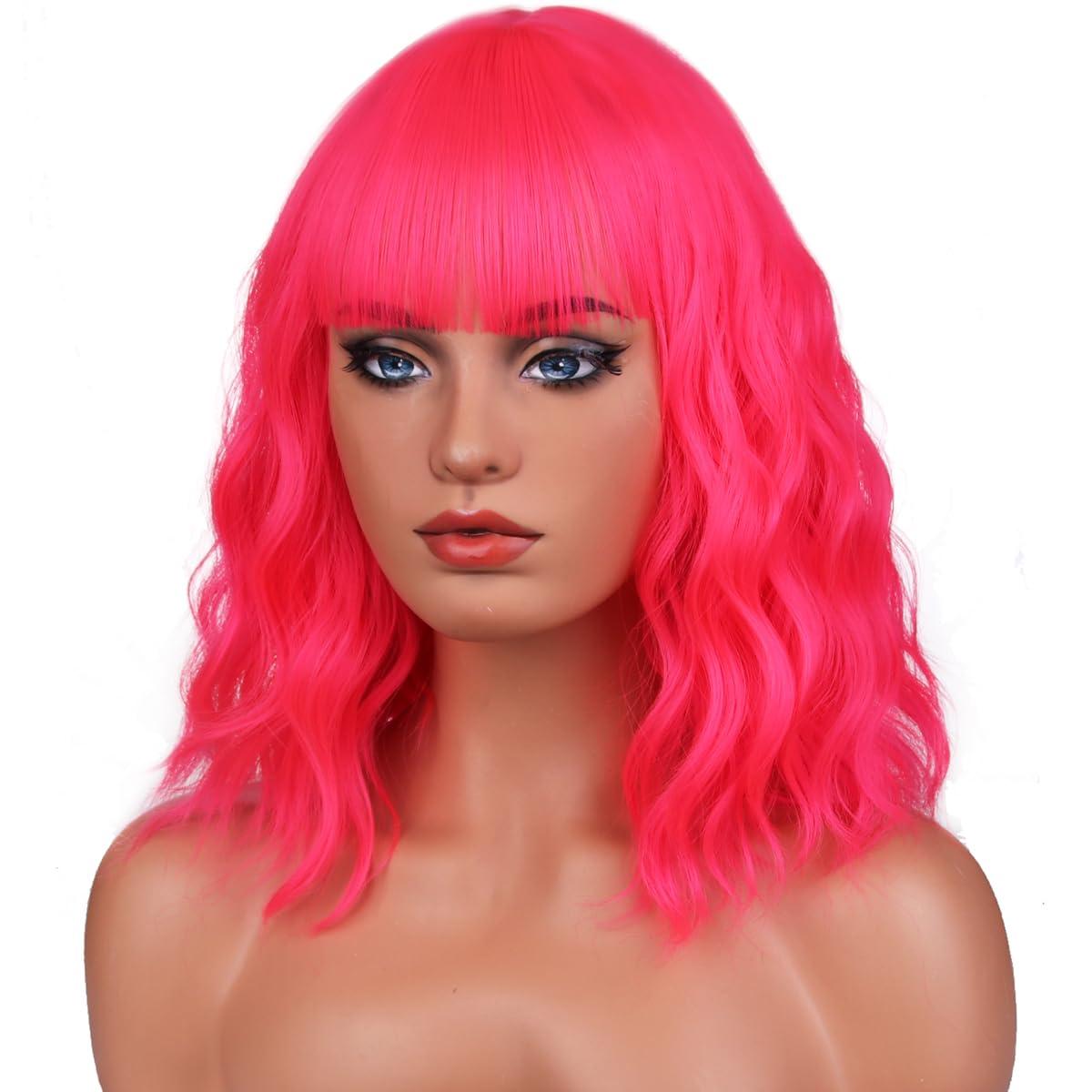 imageShort Ombre Blonde Wig for Women Short Curly Wavy Ombre Brown to Platinum Blonde Wigs with Bangs Ombre Blonde Bob Wig Heat Resistant Synthetic Wig with Wig CapNeon Pink