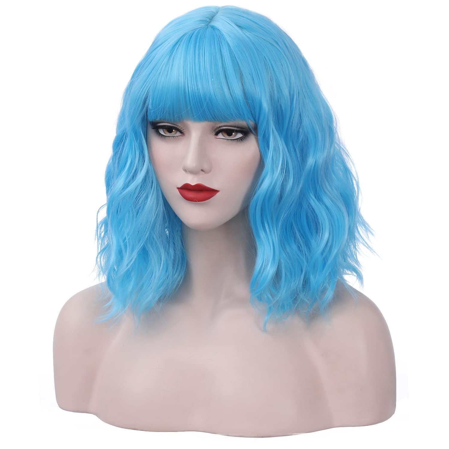 imageShort Ombre Blonde Wig for Women Short Curly Wavy Ombre Brown to Platinum Blonde Wigs with Bangs Ombre Blonde Bob Wig Heat Resistant Synthetic Wig with Wig CapSky Blue