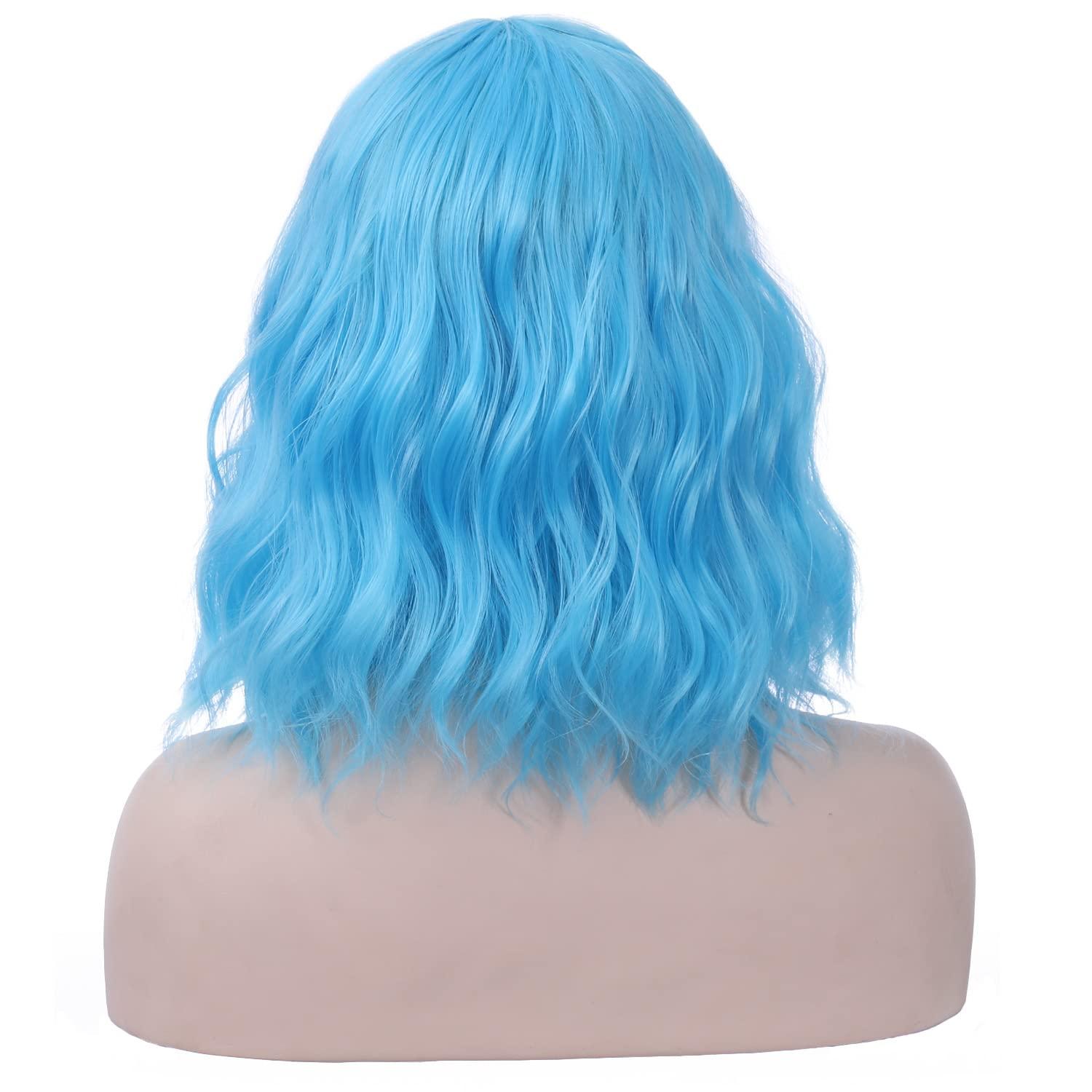 imageShort Ombre Blonde Wig for Women Short Curly Wavy Ombre Brown to Platinum Blonde Wigs with Bangs Ombre Blonde Bob Wig Heat Resistant Synthetic Wig with Wig CapSky Blue
