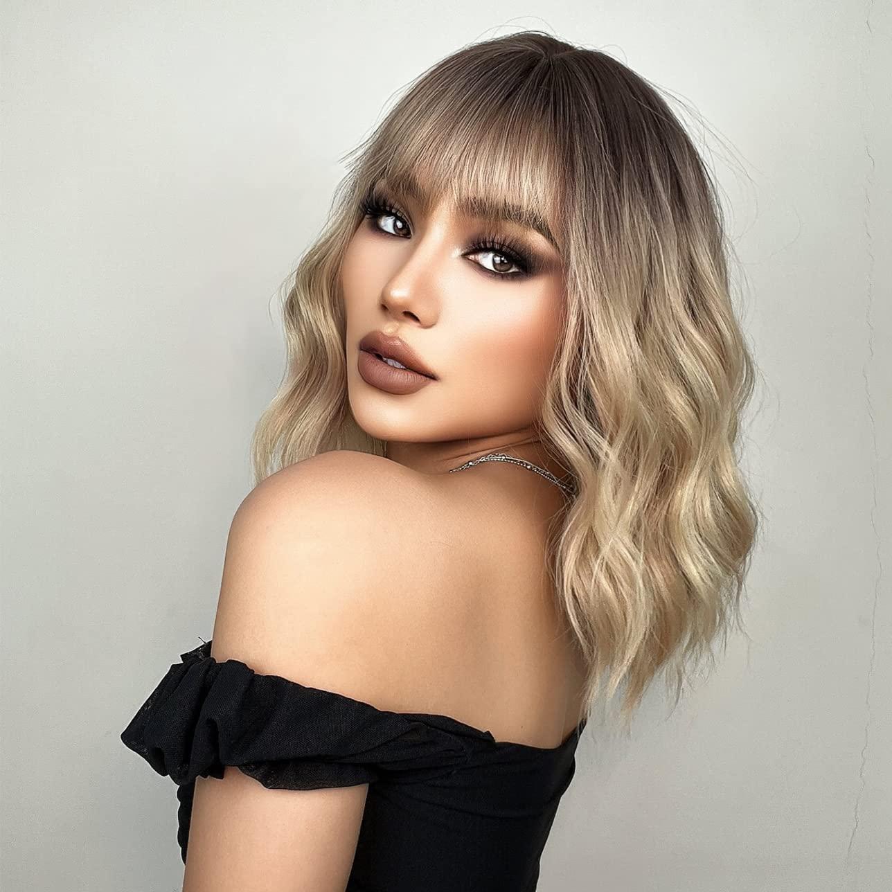 imageShort Ombre Blonde Wig for Women Short Curly Wavy Ombre Brown to Platinum Blonde Wigs with Bangs Ombre Blonde Bob Wig Heat Resistant Synthetic Wig with Wig CapOmbre Blonde
