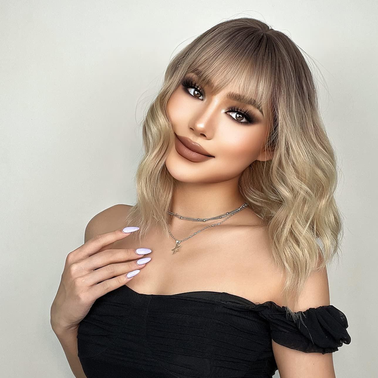 imageShort Ombre Blonde Wig for Women Short Curly Wavy Ombre Brown to Platinum Blonde Wigs with Bangs Ombre Blonde Bob Wig Heat Resistant Synthetic Wig with Wig CapOmbre Blonde