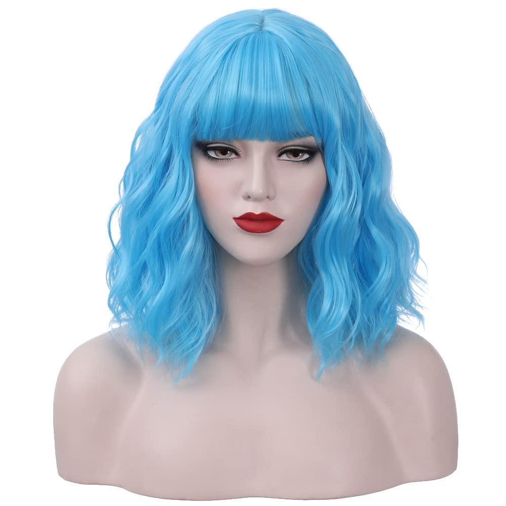 imageShort Ombre Blonde Wig for Women Short Curly Wavy Ombre Brown to Platinum Blonde Wigs with Bangs Ombre Blonde Bob Wig Heat Resistant Synthetic Wig with Wig CapSky Blue