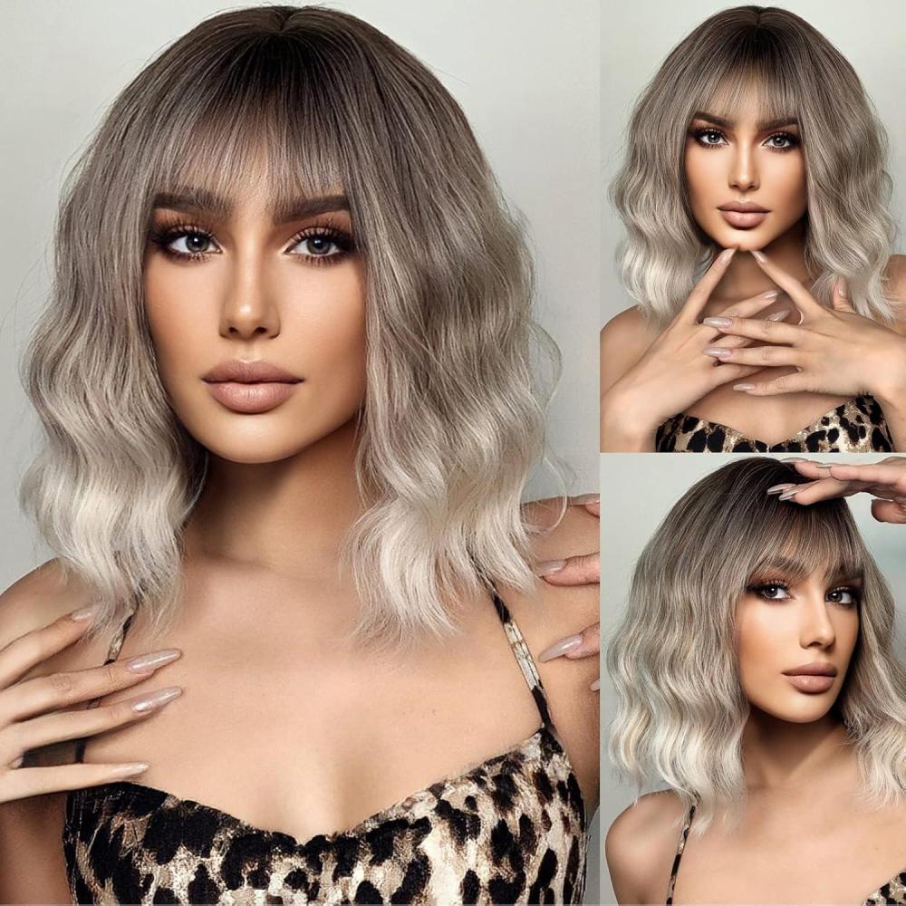 imageShort Ombre Blonde Wig for Women Short Curly Wavy Ombre Brown to Platinum Blonde Wigs with Bangs Ombre Blonde Bob Wig Heat Resistant Synthetic Wig with Wig CapOmbre Brown to Platinum