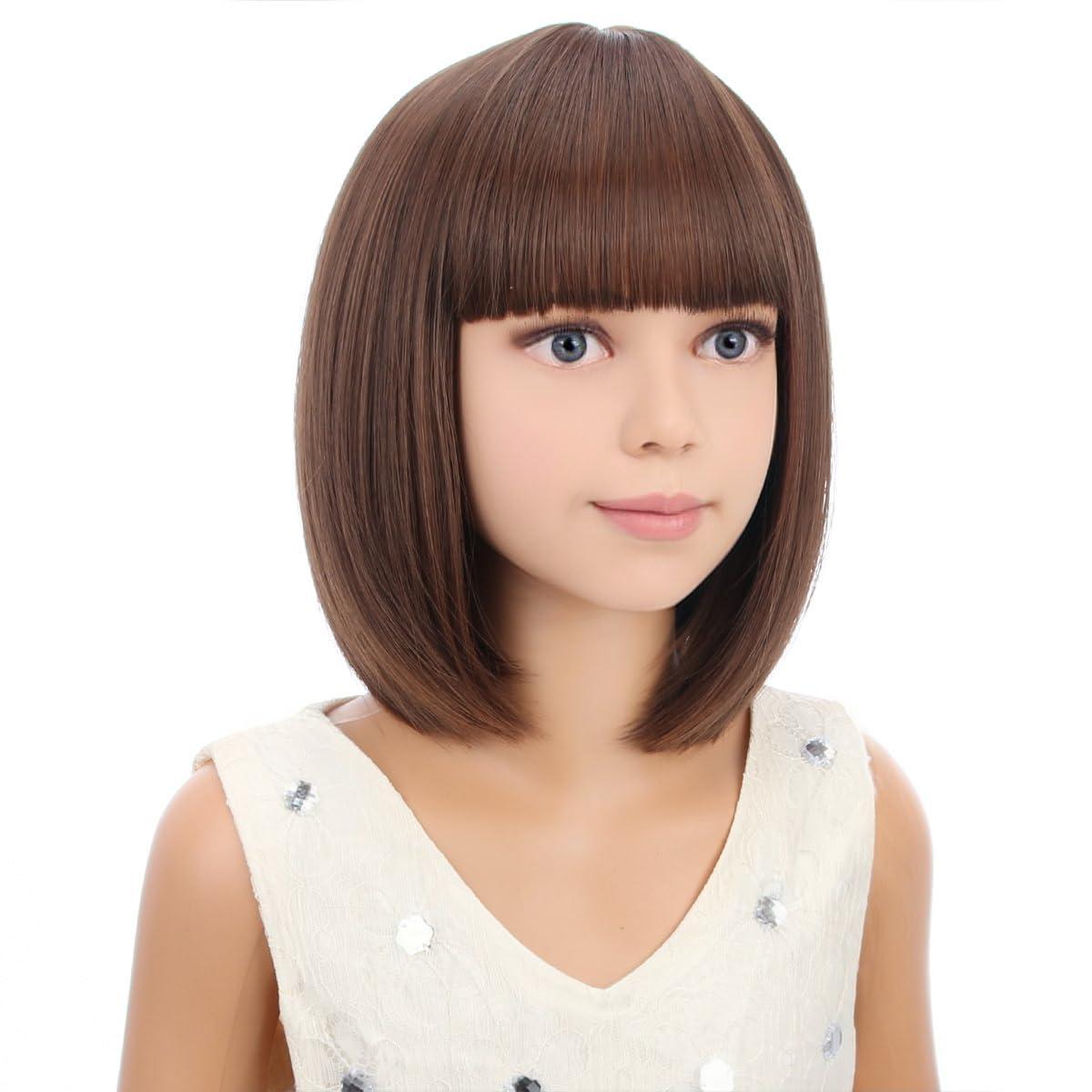image:imageKids Black Wig Child Black bob Wig Short Black Wig for Girls Cosplay Party Synthetic Rose Net Daily Wear Wig BlackChocolate Brown