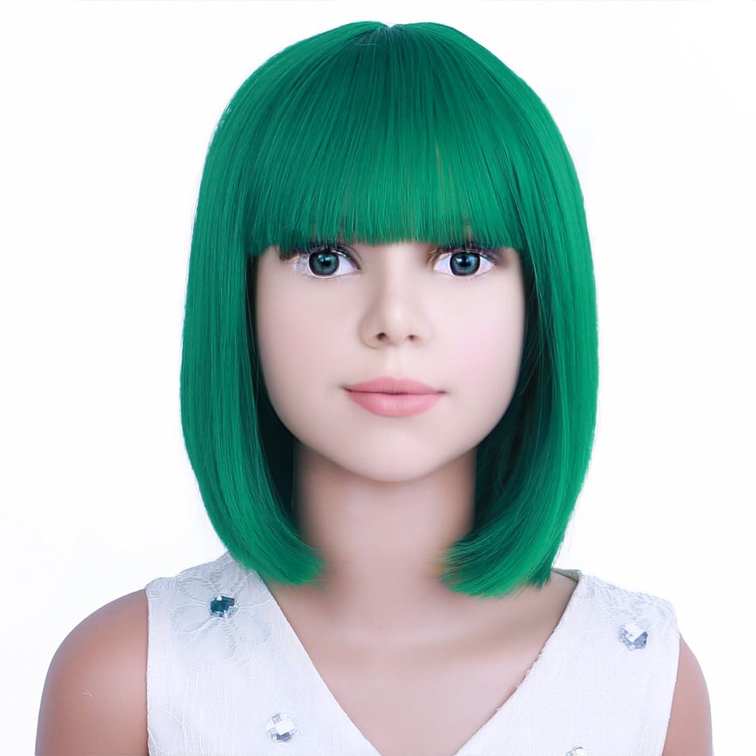 image:imageKids Black Wig Child Black bob Wig Short Black Wig for Girls Cosplay Party Synthetic Rose Net Daily Wear Wig BlackGreen