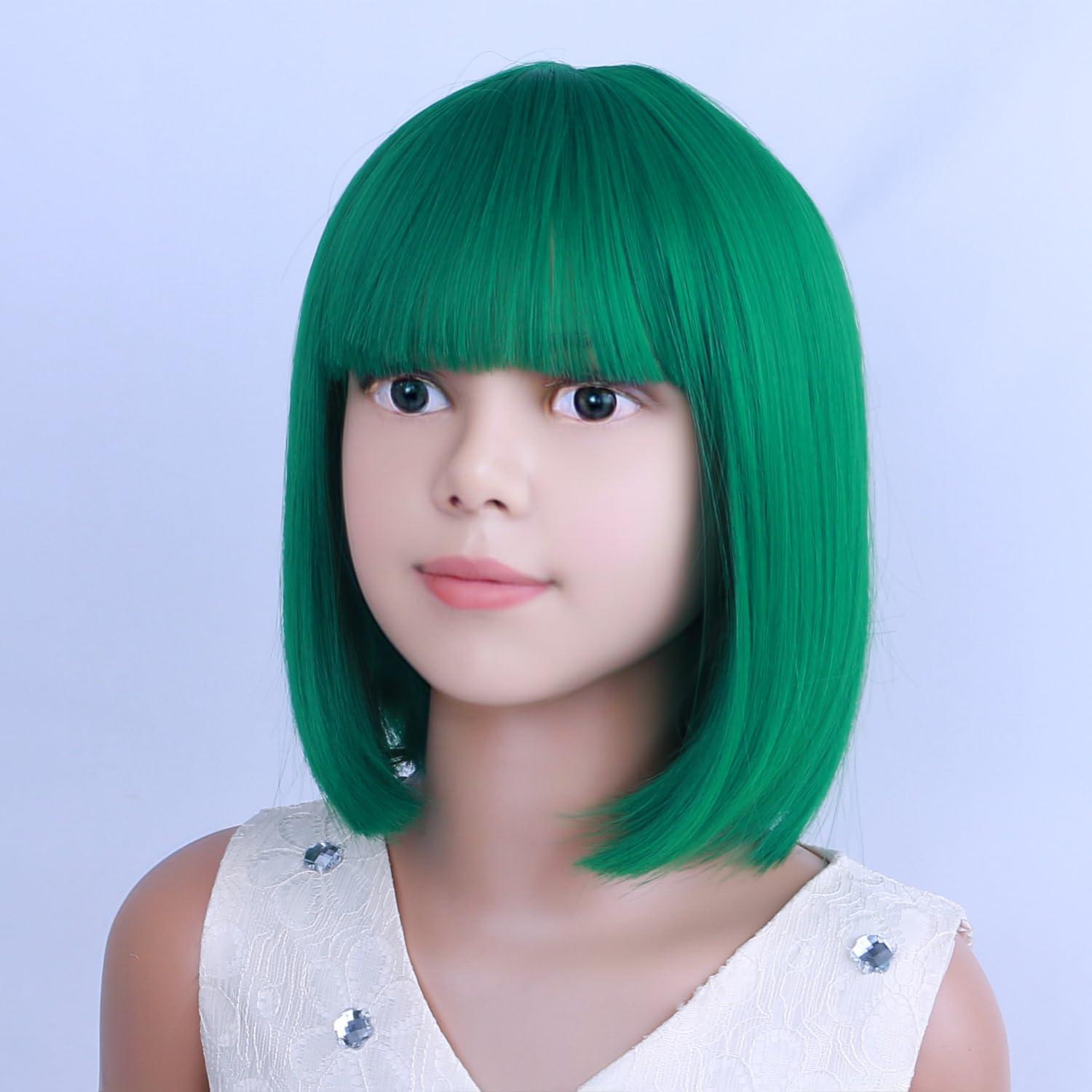 image:imageKids Black Wig Child Black bob Wig Short Black Wig for Girls Cosplay Party Synthetic Rose Net Daily Wear Wig BlackGreen