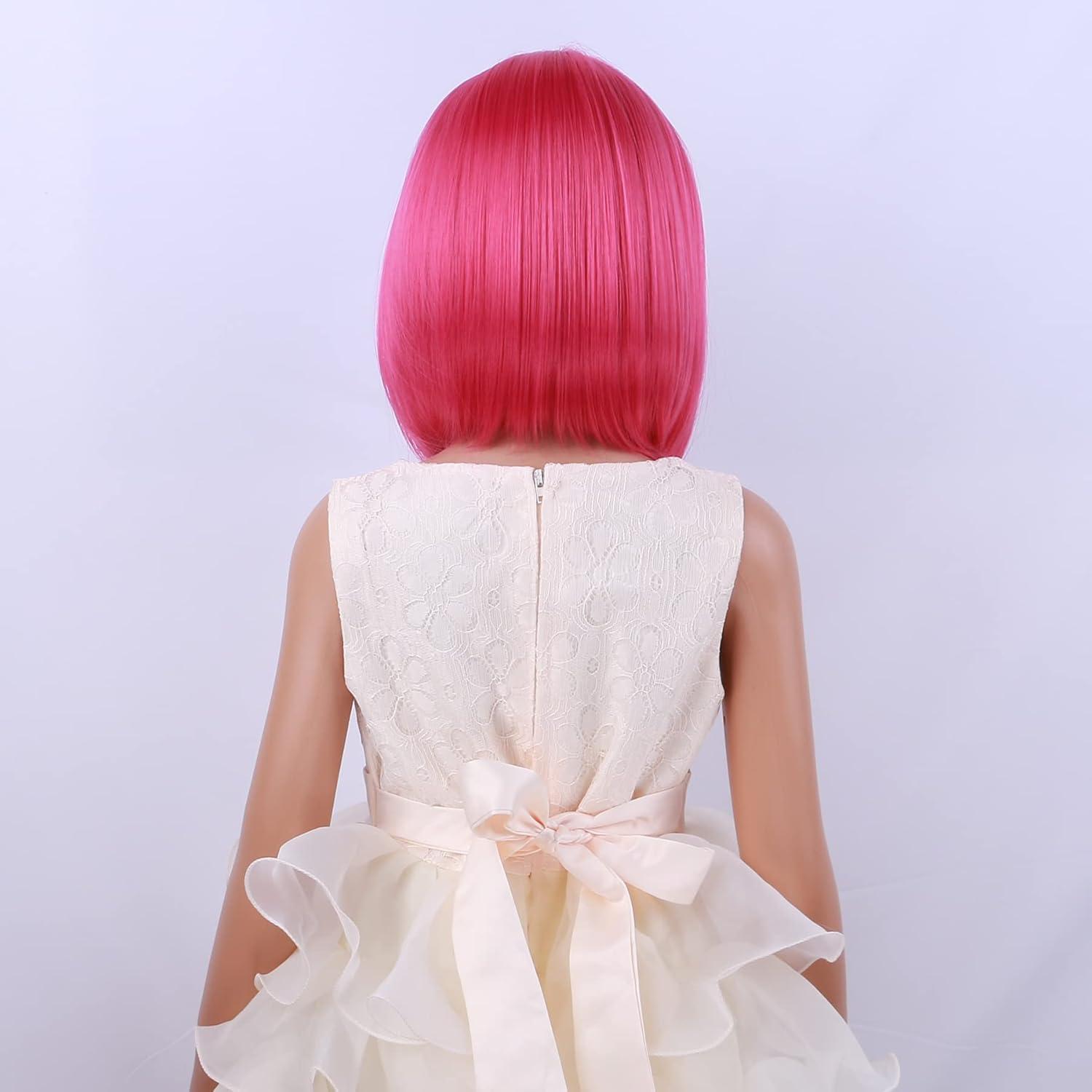 image:imageKids Black Wig Child Black bob Wig Short Black Wig for Girls Cosplay Party Synthetic Rose Net Daily Wear Wig BlackHot Pink