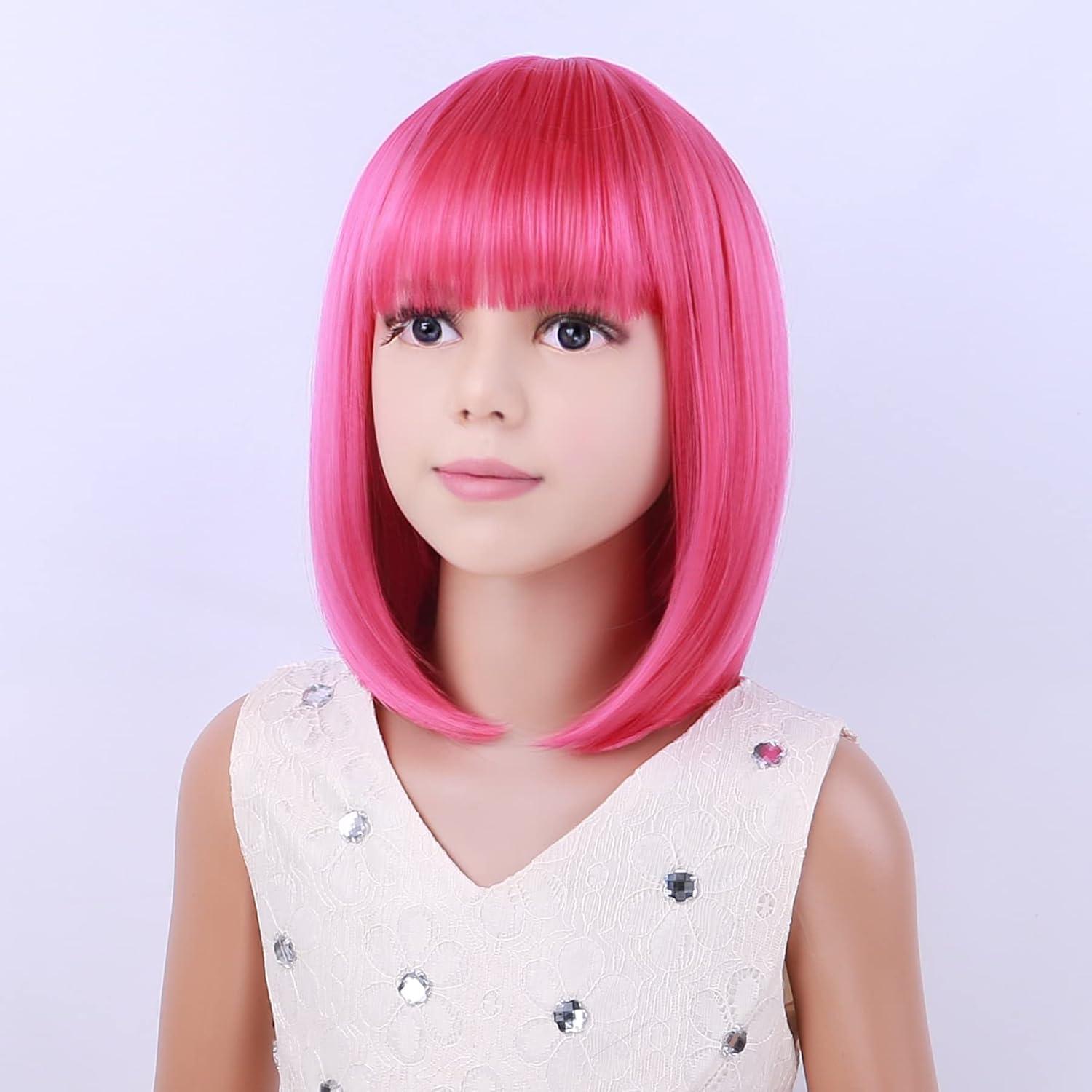 image:imageKids Black Wig Child Black bob Wig Short Black Wig for Girls Cosplay Party Synthetic Rose Net Daily Wear Wig BlackHot Pink