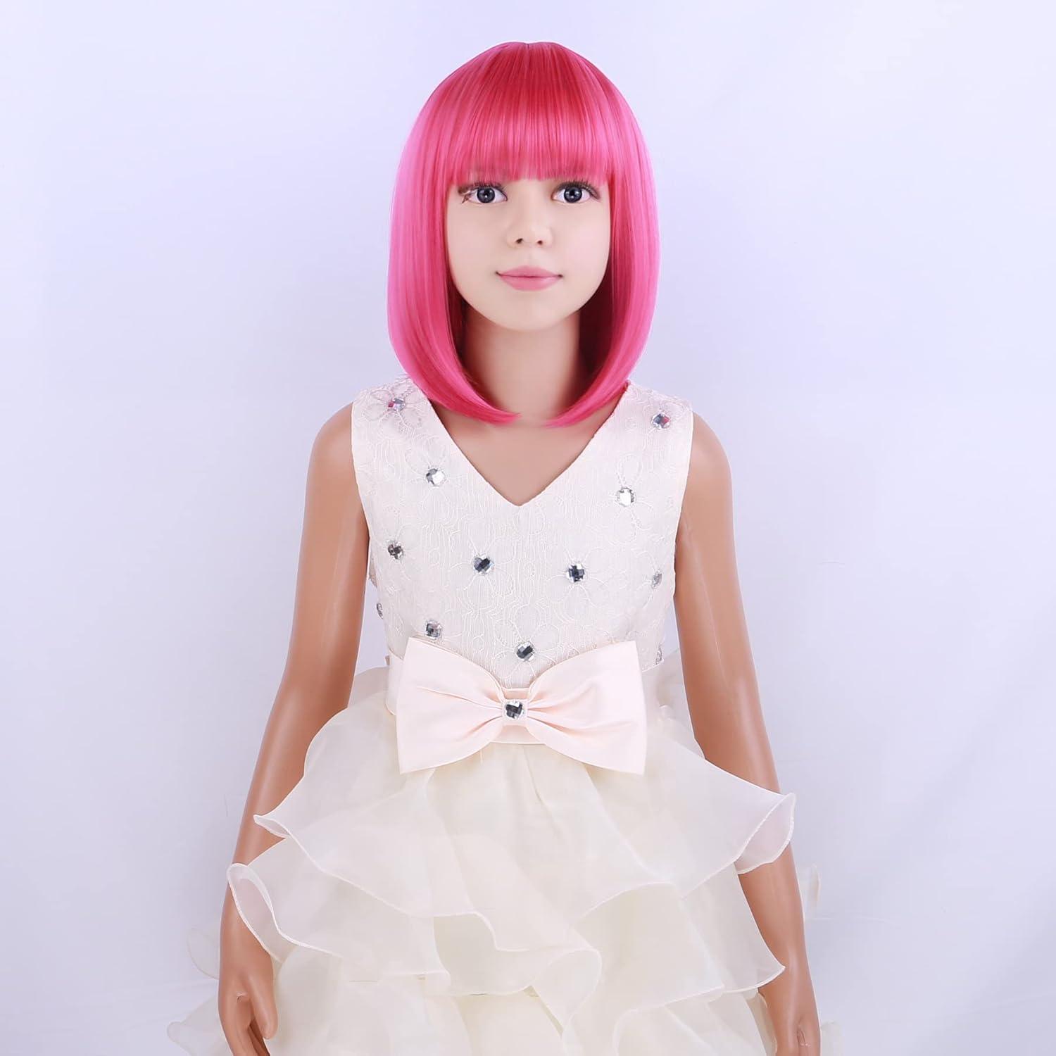 image:imageKids Black Wig Child Black bob Wig Short Black Wig for Girls Cosplay Party Synthetic Rose Net Daily Wear Wig BlackHot Pink