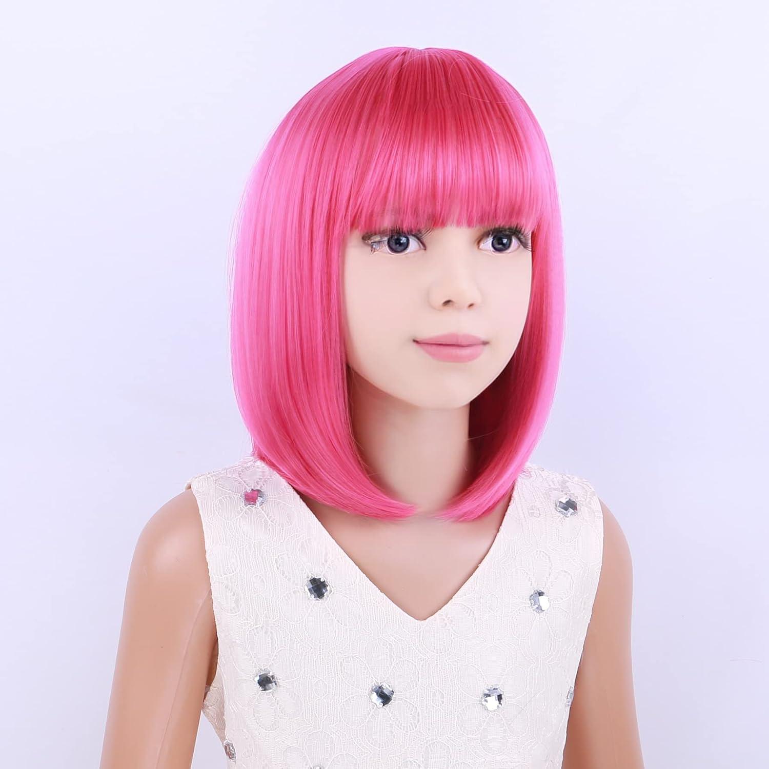 image:imageKids Black Wig Child Black bob Wig Short Black Wig for Girls Cosplay Party Synthetic Rose Net Daily Wear Wig BlackHot Pink