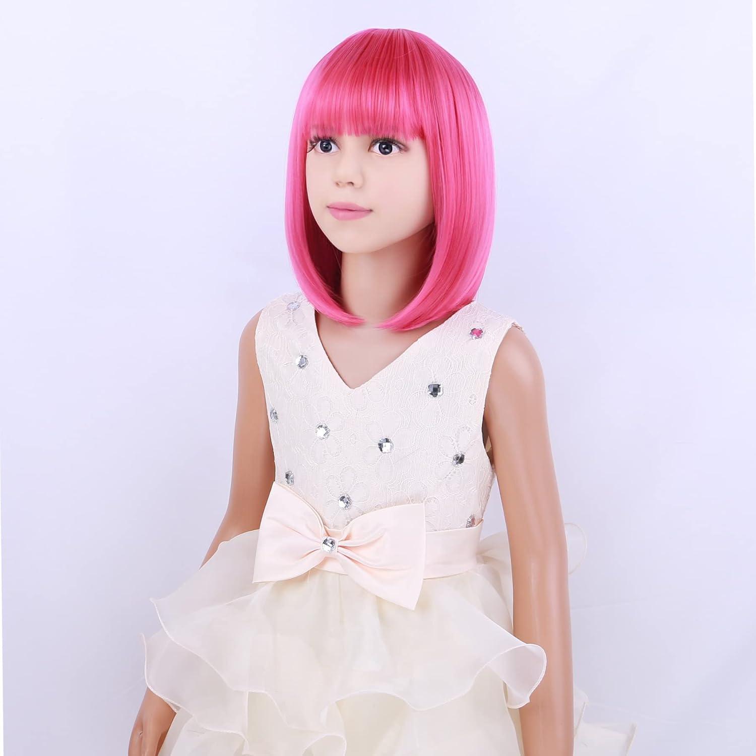 image:imageKids Black Wig Child Black bob Wig Short Black Wig for Girls Cosplay Party Synthetic Rose Net Daily Wear Wig BlackHot Pink
