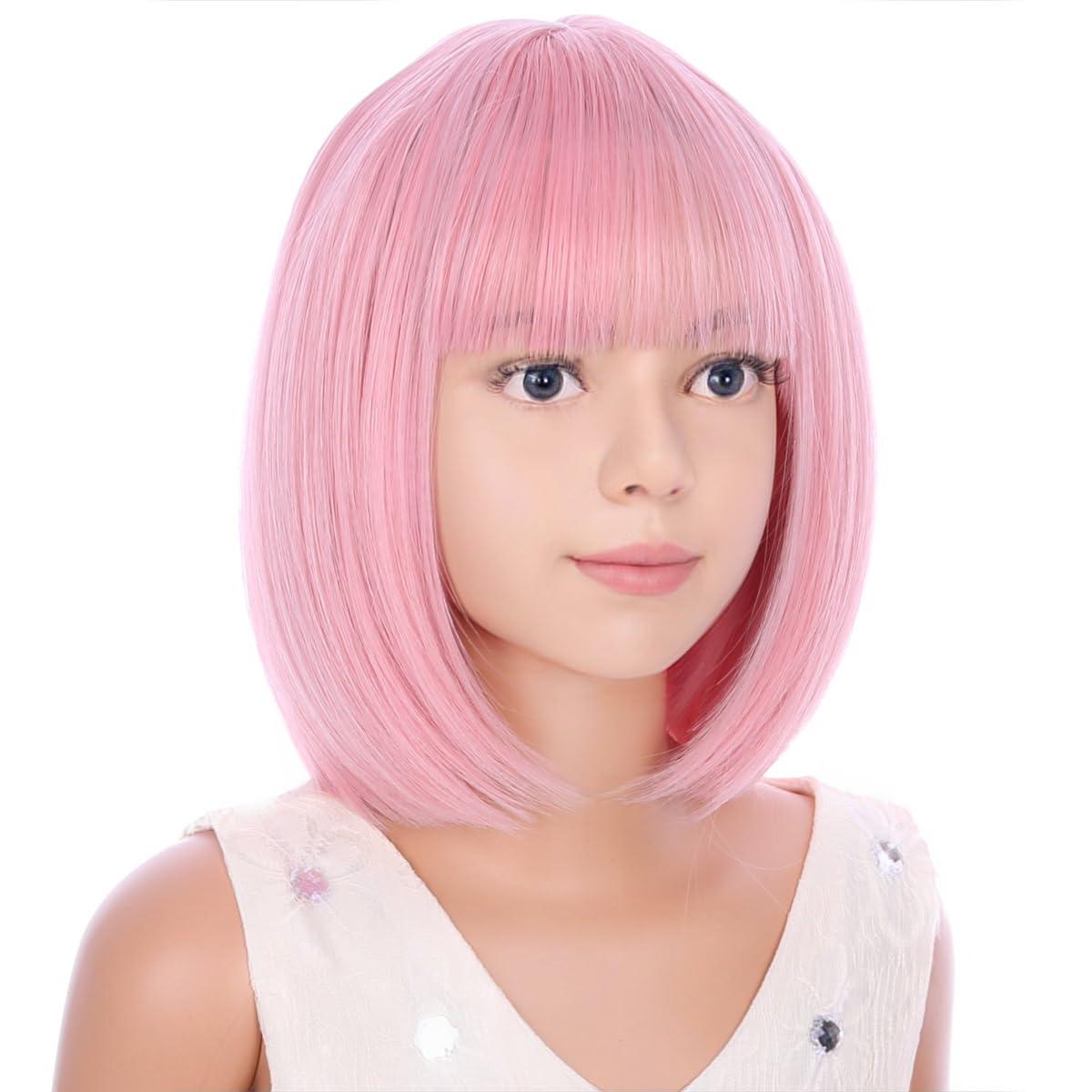 image:imageKids Black Wig Child Black bob Wig Short Black Wig for Girls Cosplay Party Synthetic Rose Net Daily Wear Wig BlackLight Pink