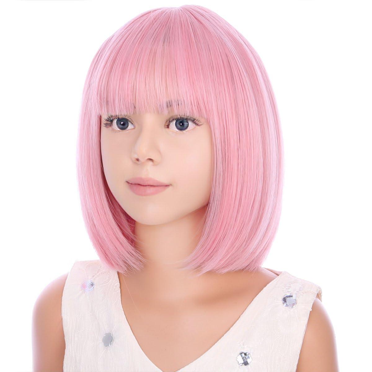 image:imageKids Black Wig Child Black bob Wig Short Black Wig for Girls Cosplay Party Synthetic Rose Net Daily Wear Wig BlackLight Pink