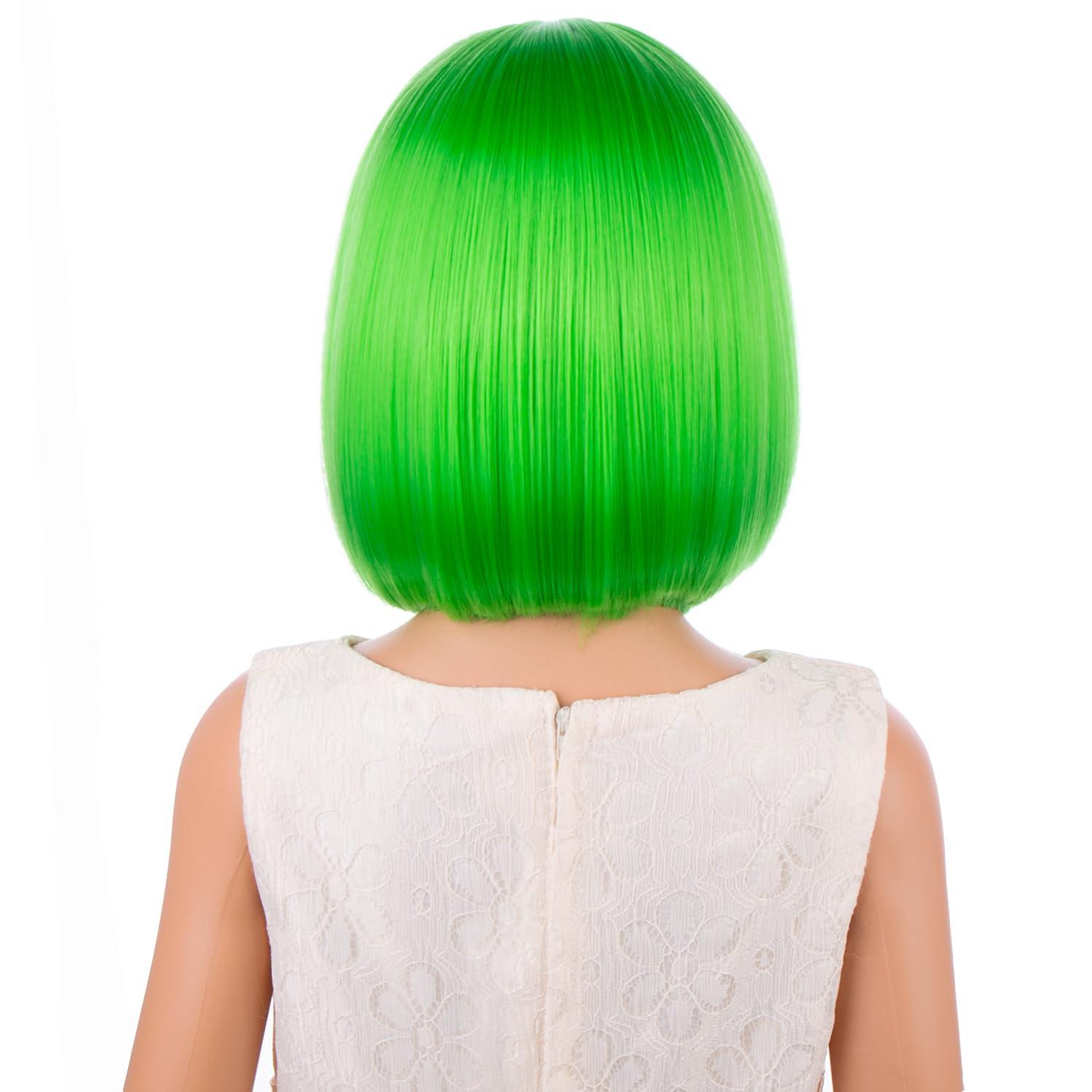 image:imageKids Black Wig Child Black bob Wig Short Black Wig for Girls Cosplay Party Synthetic Rose Net Daily Wear Wig BlackNeon Green