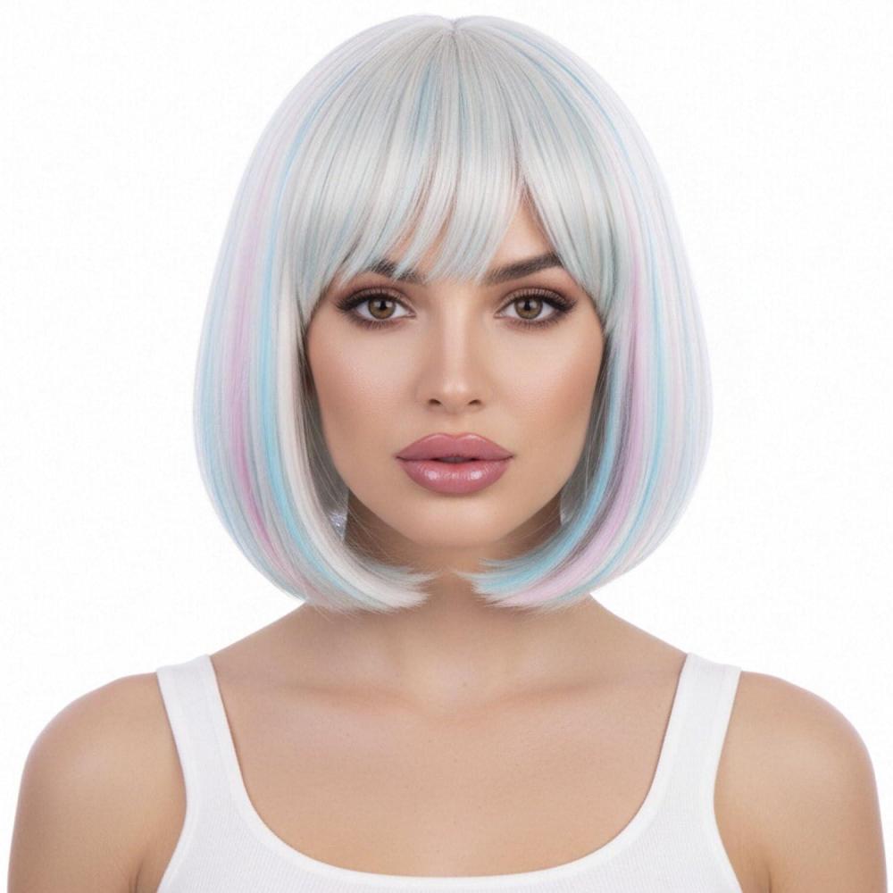 image:imageKids Black Wig Child Black bob Wig Short Black Wig for Girls Cosplay Party Synthetic Rose Net Daily Wear Wig BlackBlonde Blue Mixed Pink