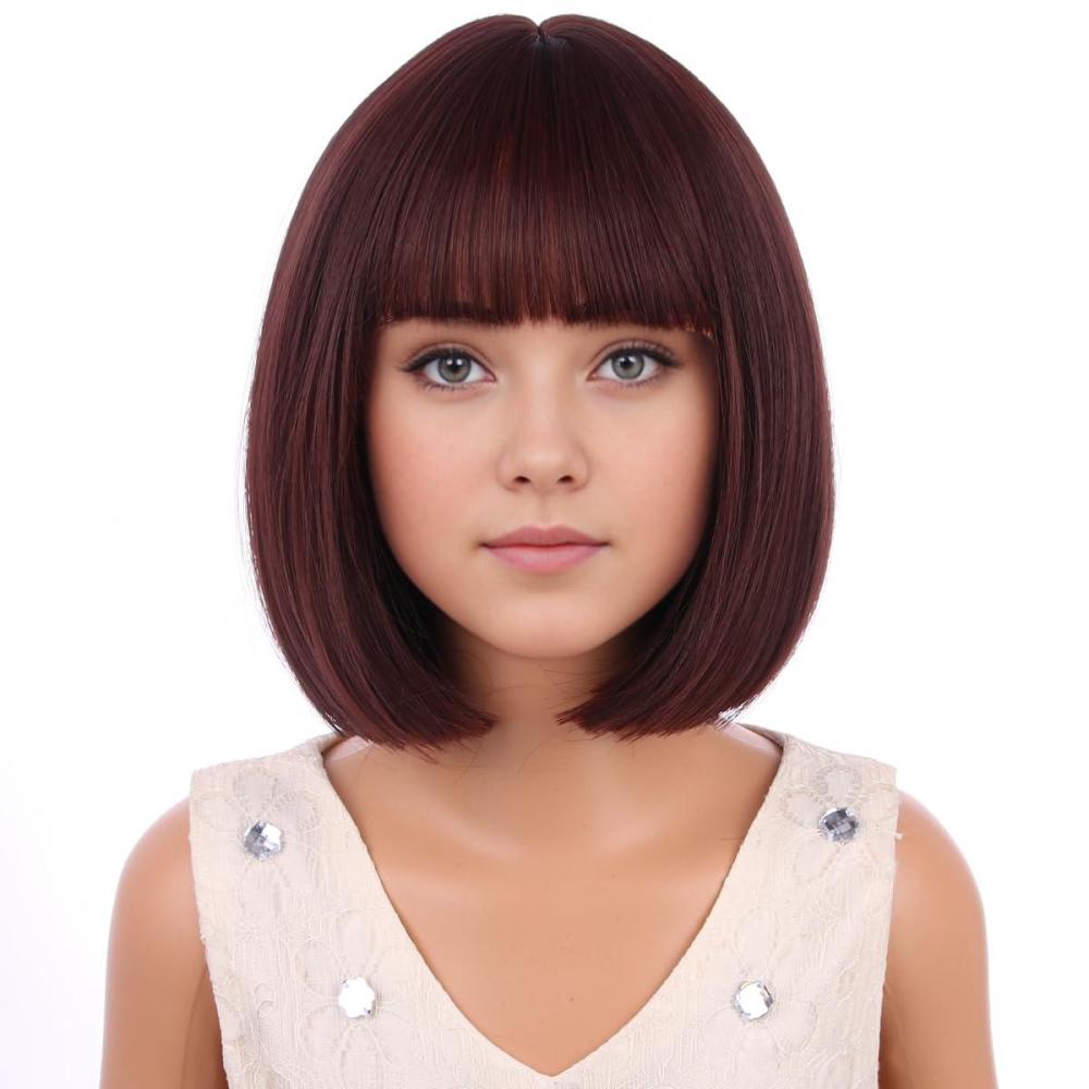 image:imageKids Black Wig Child Black bob Wig Short Black Wig for Girls Cosplay Party Synthetic Rose Net Daily Wear Wig BlackBrown