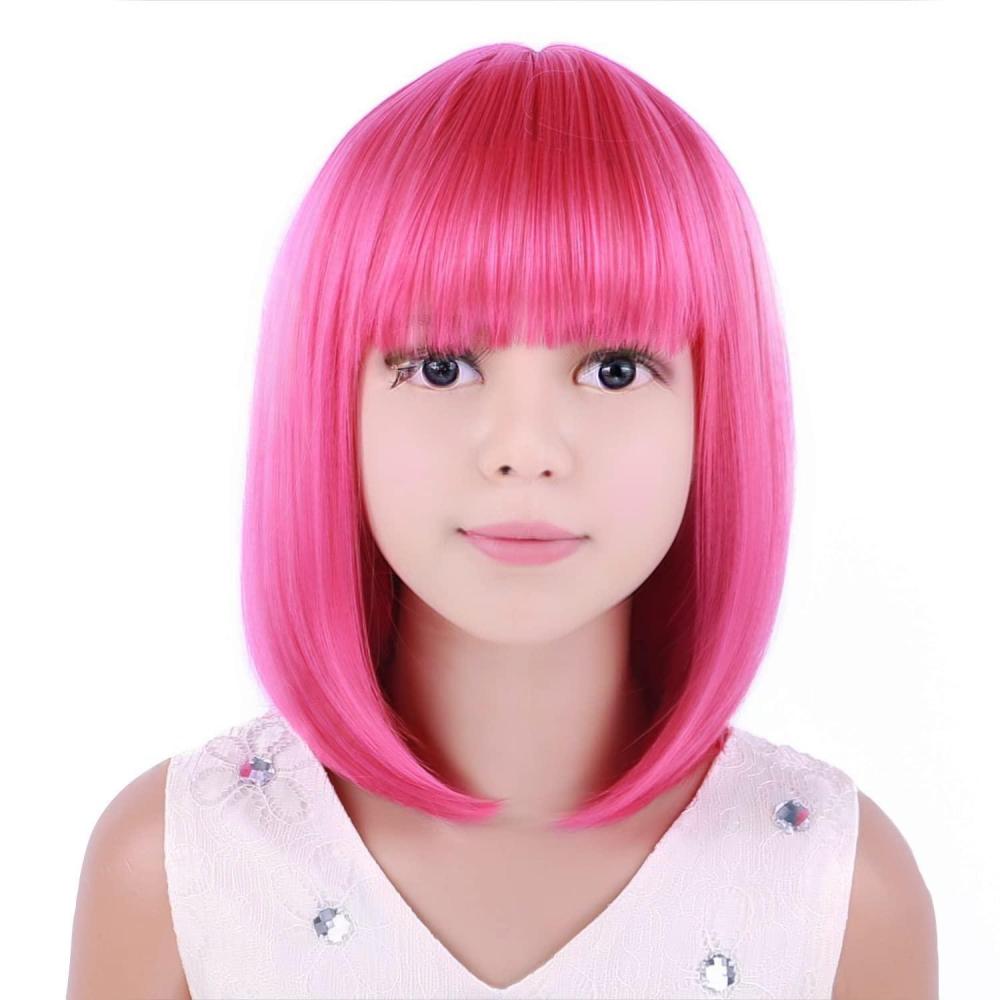 image:imageKids Black Wig Child Black bob Wig Short Black Wig for Girls Cosplay Party Synthetic Rose Net Daily Wear Wig BlackHot Pink