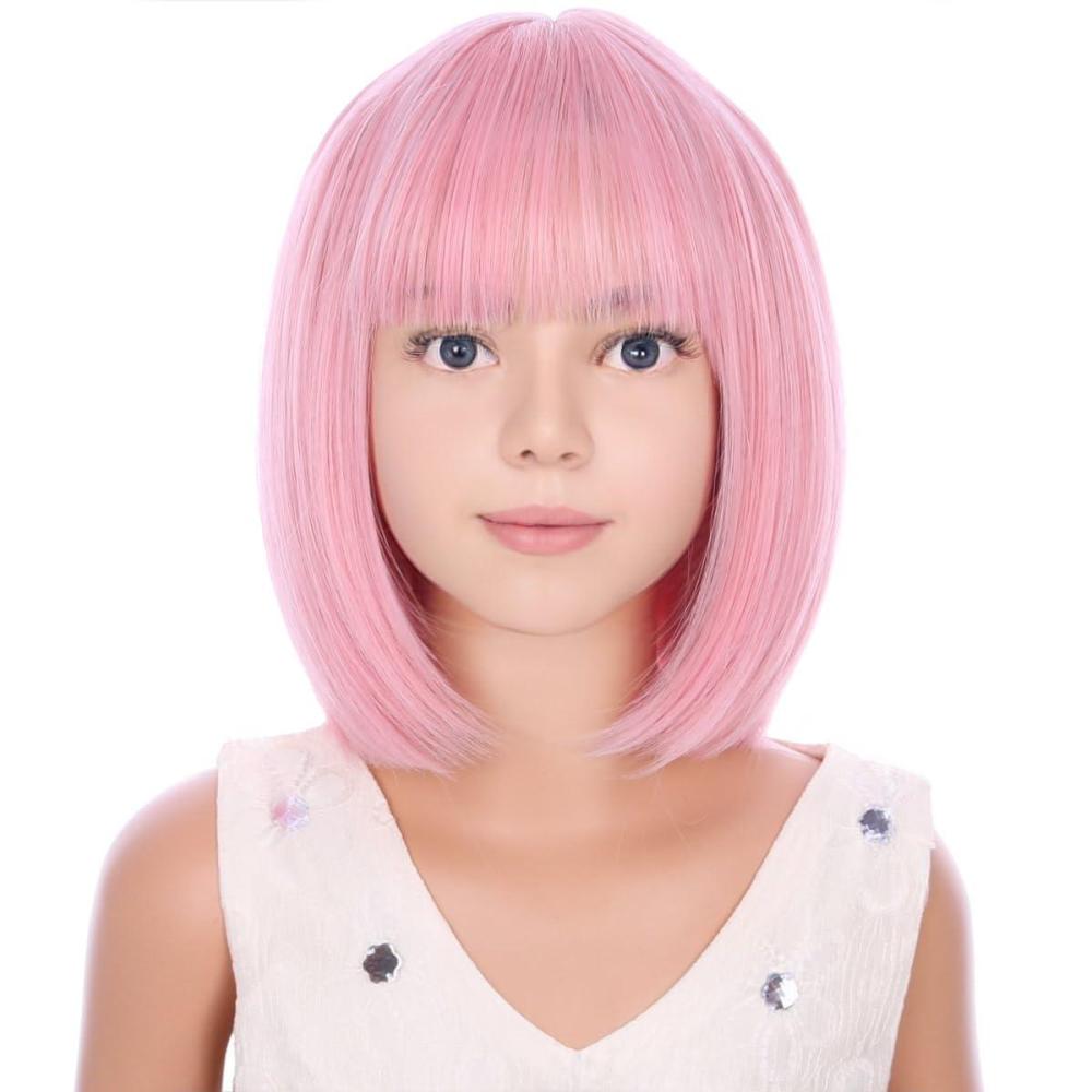 image:imageKids Black Wig Child Black bob Wig Short Black Wig for Girls Cosplay Party Synthetic Rose Net Daily Wear Wig BlackLight Pink