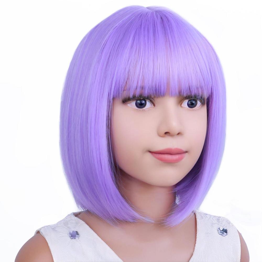 image:imageKids Black Wig Child Black bob Wig Short Black Wig for Girls Cosplay Party Synthetic Rose Net Daily Wear Wig BlackPurple