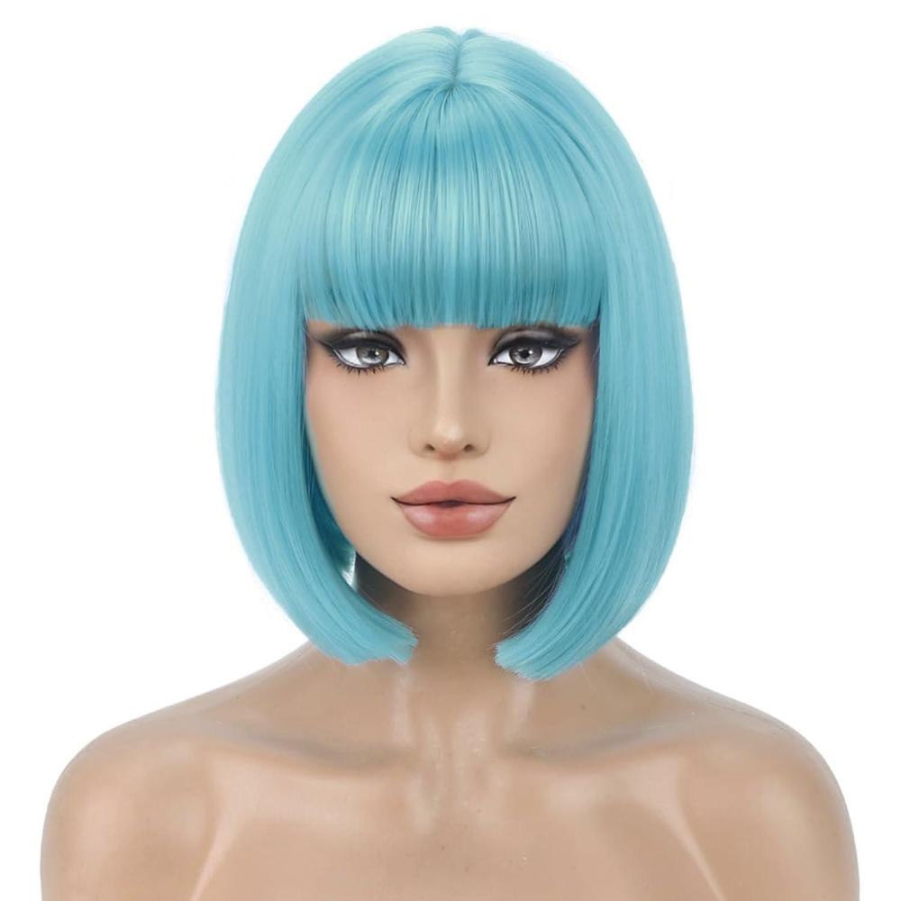 image:imageKids Black Wig Child Black bob Wig Short Black Wig for Girls Cosplay Party Synthetic Rose Net Daily Wear Wig BlackTeal Blue