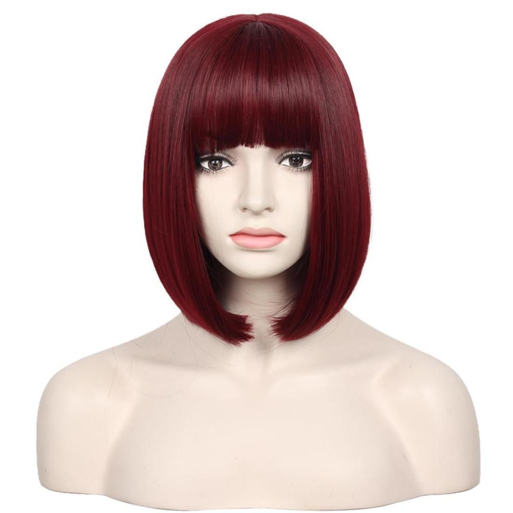 image:imageKids Black Wig Child Black bob Wig Short Black Wig for Girls Cosplay Party Synthetic Rose Net Daily Wear Wig BlackWine Red