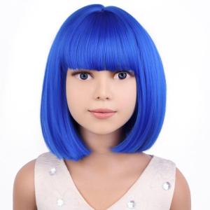 Kids Black Wig Child Black bob Wig Short Black Wig for Girls Cosplay Party Synthetic Rose Net Daily Wear Wig (Black)(Dark Blue)
