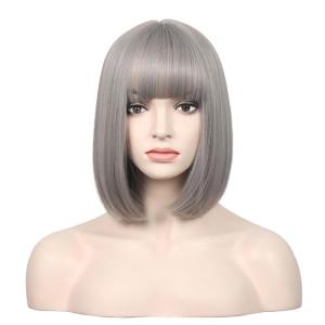 Kids Black Wig Child Black bob Wig Short Black Wig for Girls Cosplay Party Synthetic Rose Net Daily Wear Wig (Black)(Grey)