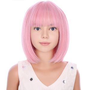 Kids Black Wig Child Black bob Wig Short Black Wig for Girls Cosplay Party Synthetic Rose Net Daily Wear Wig (Black)(Light Pink)