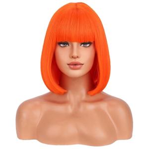 Kids Black Wig Child Black bob Wig Short Black Wig for Girls Cosplay Party Synthetic Rose Net Daily Wear Wig (Black)(Orange)