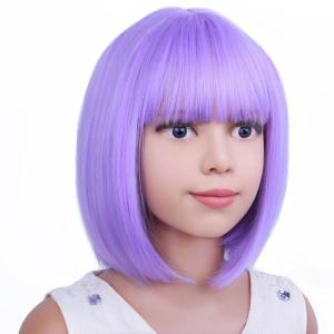 Kids Black Wig Child Black bob Wig Short Black Wig for Girls Cosplay Party Synthetic Rose Net Daily Wear Wig (Black)(Purple)