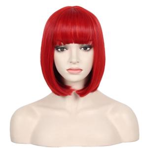 Kids Black Wig Child Black bob Wig Short Black Wig for Girls Cosplay Party Synthetic Rose Net Daily Wear Wig (Black)(Red)